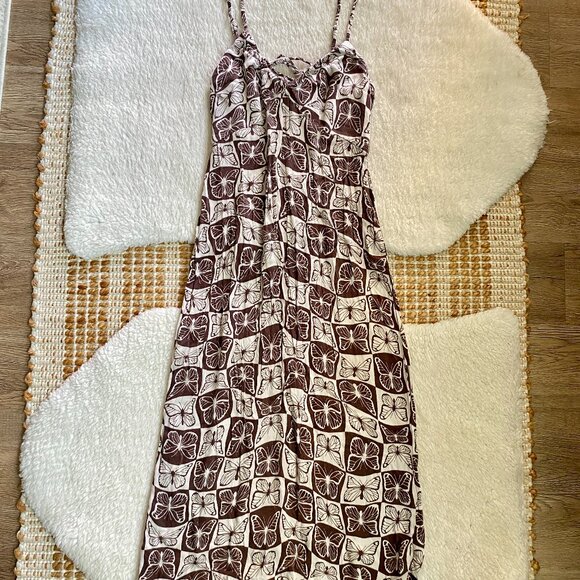 Brown & White Butterfly Checkerboard Midi Dress by Wild Fable – Size XS/S - Picture 2 of 12